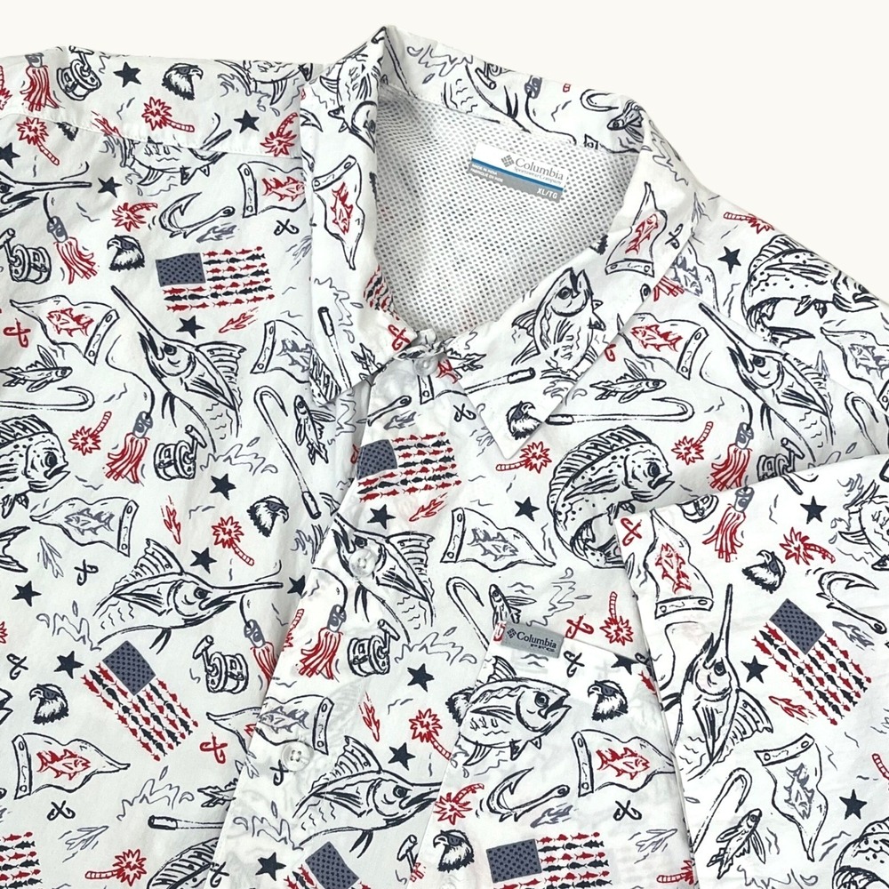 Columbia Mens PFG Shirt XL White Button Down Vented Patriotic Americana Fishing